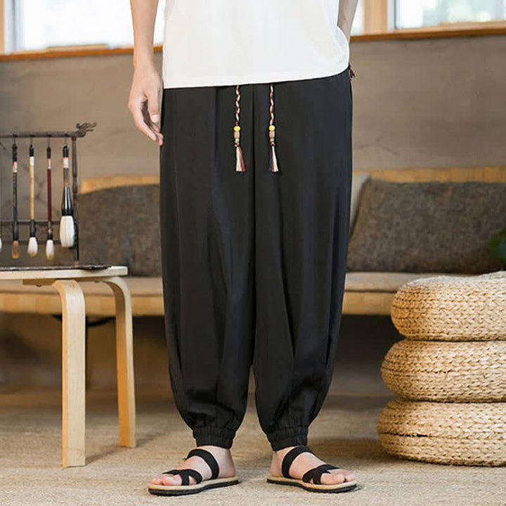 Buddha Stones Pantalones harem de verano informales para hombre con cordón ajustable, bajo elástico y bolsillos. - image 10
