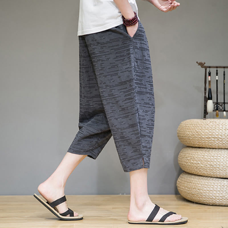 Buddha Stones Pantalones harem de tres cuartos para hombre, estilo minimalista, con aberturas laterales y bolsillos, ideales para el verano. - image 4