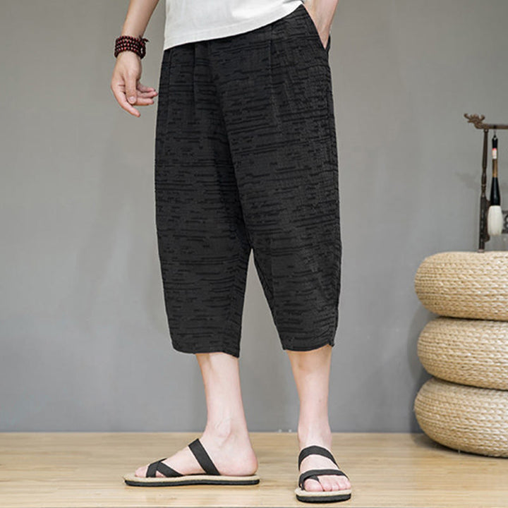 Buddha Stones Pantalones harem de tres cuartos para hombre, estilo minimalista, con aberturas laterales y bolsillos, ideales para el verano. - image 17