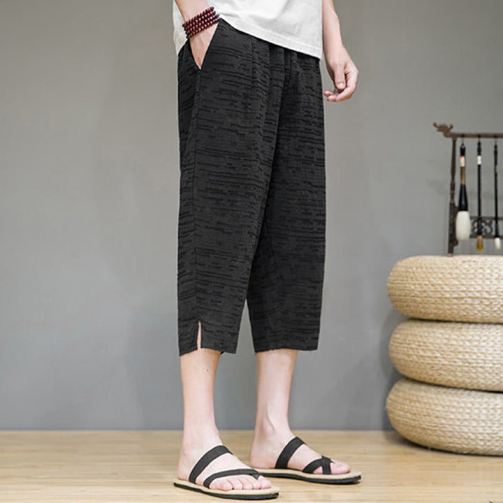 Buddha Stones Pantalones harem de tres cuartos para hombre, estilo minimalista, con aberturas laterales y bolsillos, ideales para el verano. - image 13