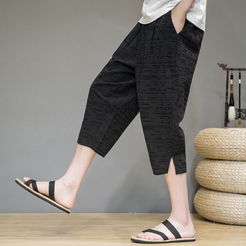 Buddha Stones Pantalones harem de tres cuartos para hombre, estilo minimalista, con aberturas laterales y bolsillos, ideales para el verano. - image 18