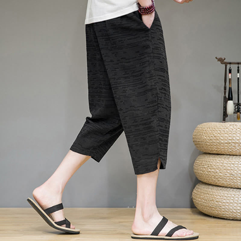 Buddha Stones Pantalones harem de tres cuartos para hombre, estilo minimalista, con aberturas laterales y bolsillos, ideales para el verano. - image 15