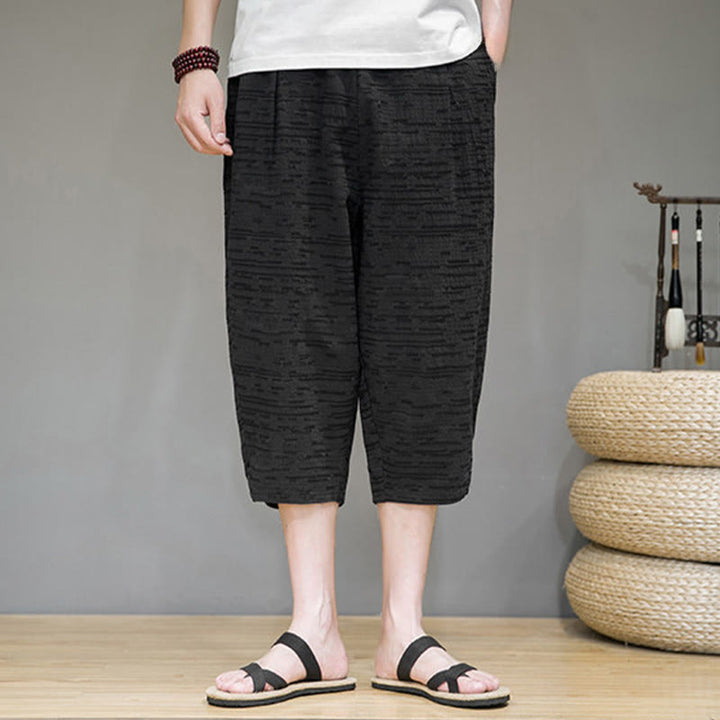 Buddha Stones Pantalones harem de tres cuartos para hombre, estilo minimalista, con aberturas laterales y bolsillos, ideales para el verano. - image 14