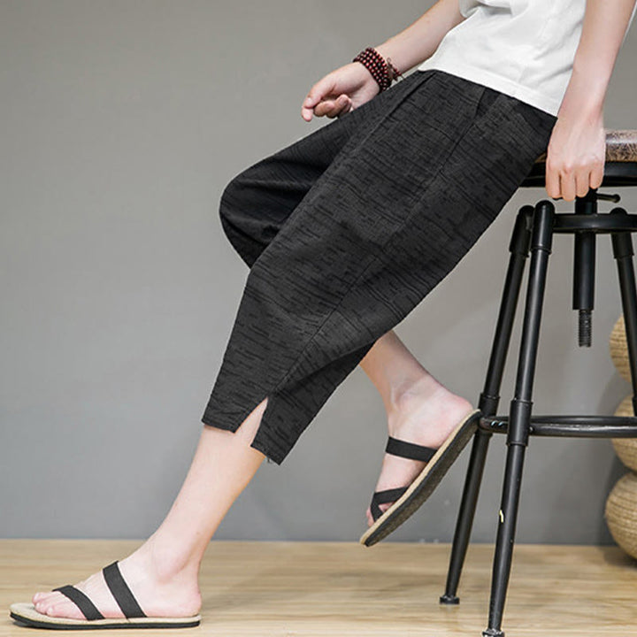 Buddha Stones Pantalones harem de tres cuartos para hombre, estilo minimalista, con aberturas laterales y bolsillos, ideales para el verano. - image 19
