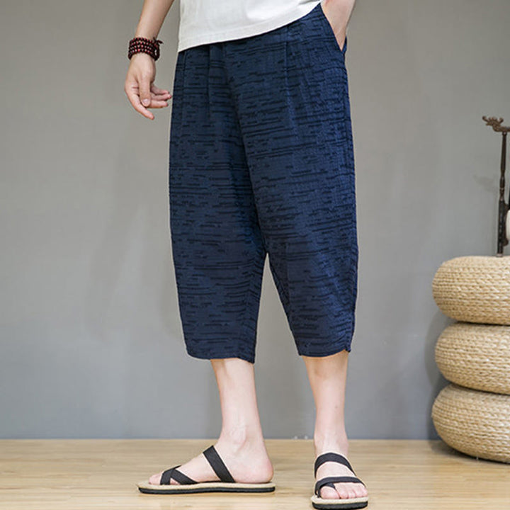Buddha Stones Pantalones harem de tres cuartos para hombre, estilo minimalista, con aberturas laterales y bolsillos, ideales para el verano. - image 24