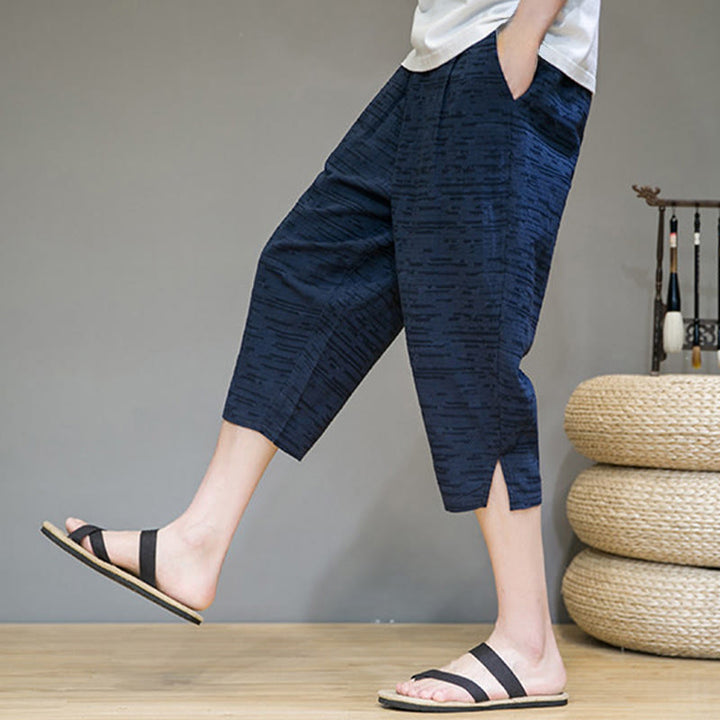 Buddha Stones Pantalones harem de tres cuartos para hombre, estilo minimalista, con aberturas laterales y bolsillos, ideales para el verano. - image 27