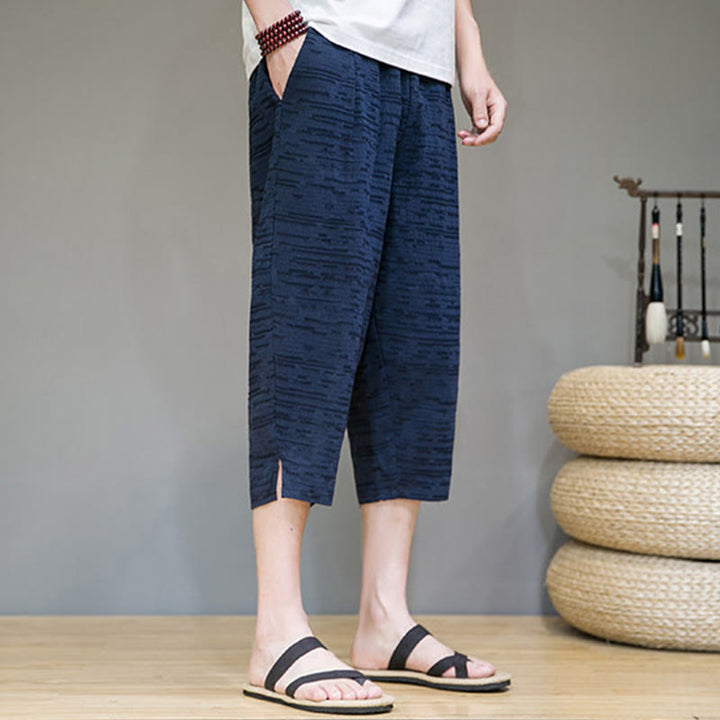 Buddha Stones Pantalones harem de tres cuartos para hombre, estilo minimalista, con aberturas laterales y bolsillos, ideales para el verano. - image 21