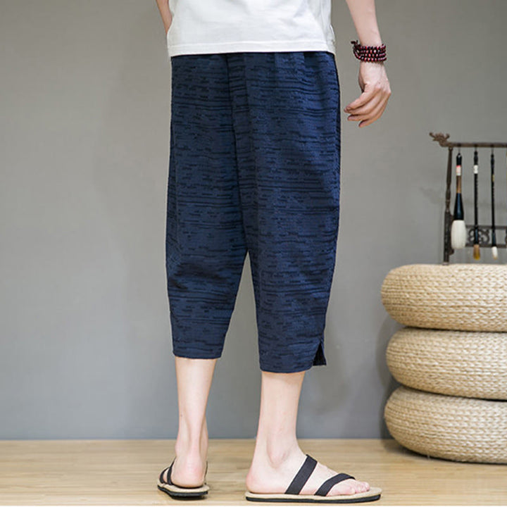 Buddha Stones Pantalones harem de tres cuartos para hombre, estilo minimalista, con aberturas laterales y bolsillos, ideales para el verano. - image 25