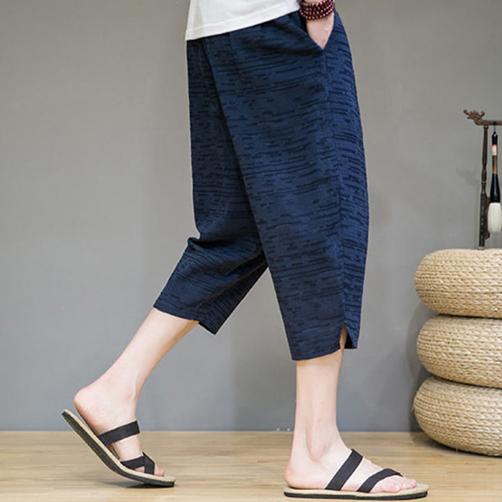 Buddha Stones Pantalones harem de tres cuartos para hombre, estilo minimalista, con aberturas laterales y bolsillos, ideales para el verano. - image 23