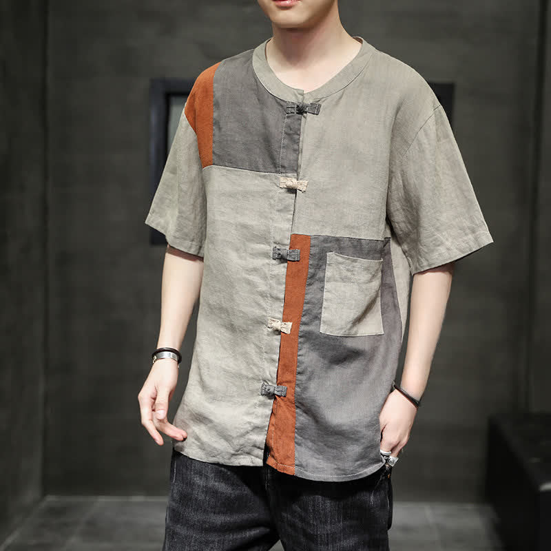 Buddha Stones Camisa de manga corta para hombre con diseño de patchwork y botones de rana estilo vintage de verano - Broncearse - US/UK/AU46, EU56 (5XL) - image 0