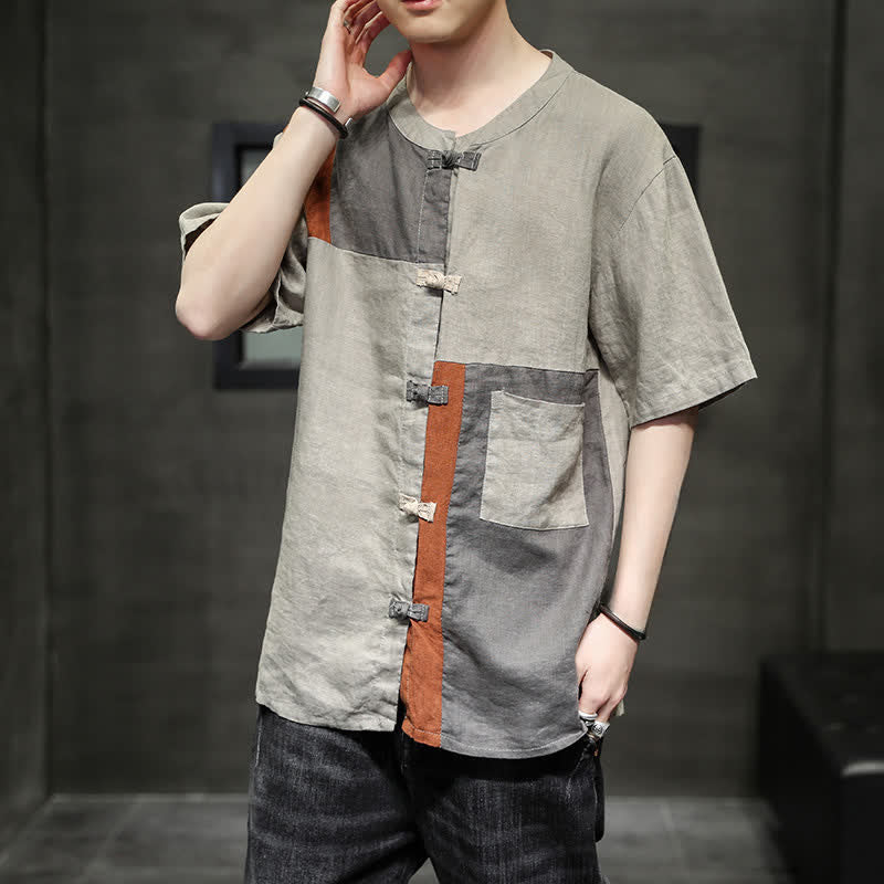Buddha Stones Camisa de manga corta para hombre con diseño de patchwork y botones de rana estilo vintage de verano - image 1