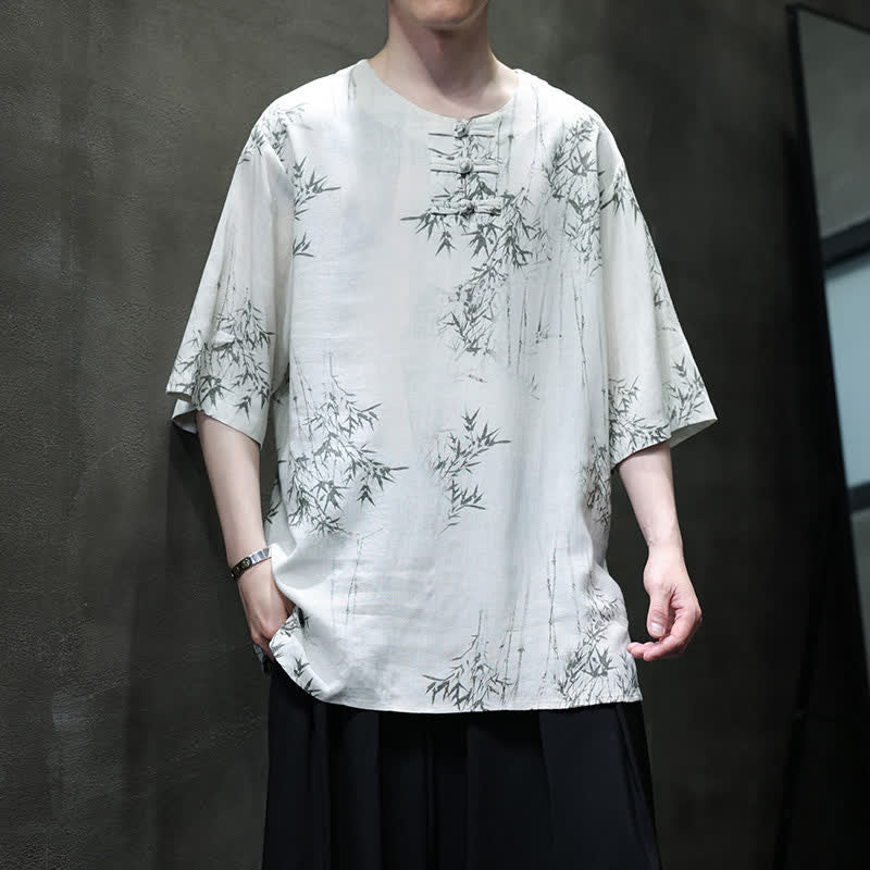 Buddha Stones Camisa de manga corta para hombre de algodón y lino con estampado de bambú y botones de rana, estilo verano Tang. - Humo blanco - US/UK/AU46, EU56 (5XL) - image 0