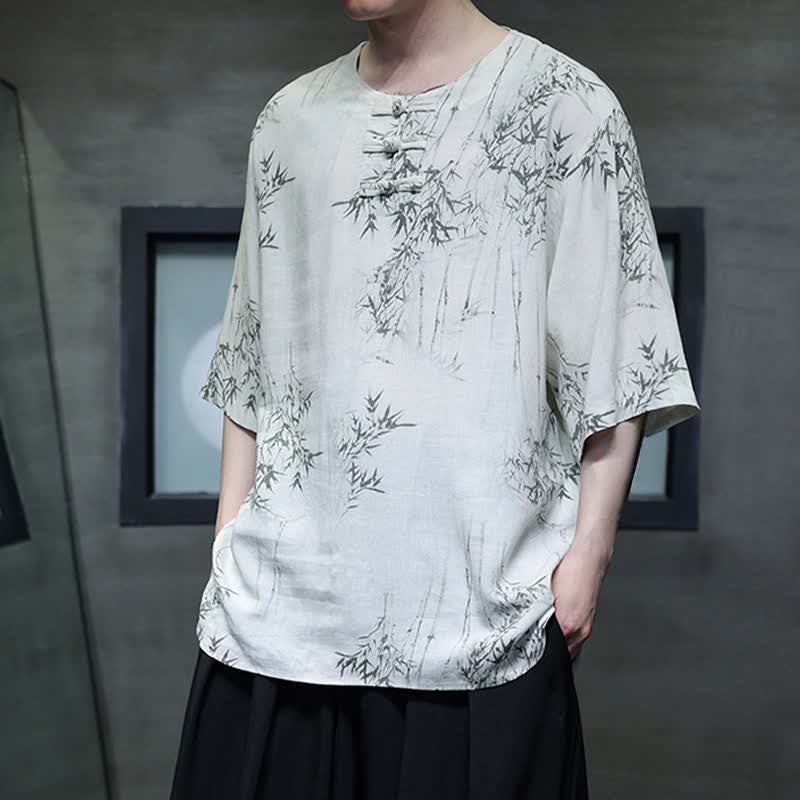 Buddha Stones Camisa de manga corta para hombre de algodón y lino con estampado de bambú y botones de rana, estilo verano Tang. - image 3