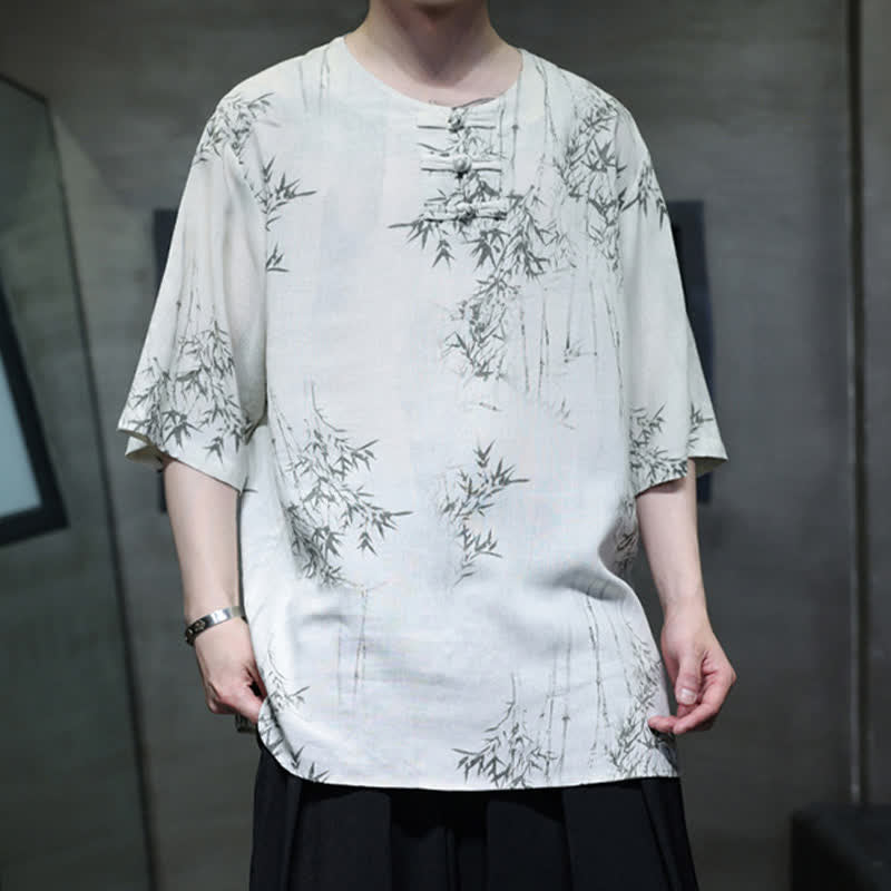 Buddha Stones Camisa de manga corta para hombre de algodón y lino con estampado de bambú y botones de rana, estilo verano Tang. - image 2