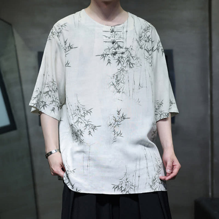 Buddha Stones Camisa de manga corta para hombre de algodón y lino con estampado de bambú y botones de rana, estilo verano Tang. - image 2