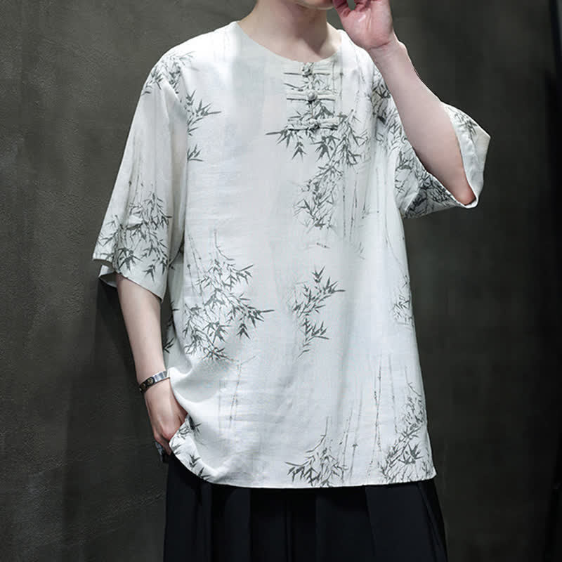 Buddha Stones Camisa de manga corta para hombre de algodón y lino con estampado de bambú y botones de rana, estilo verano Tang. - image 6