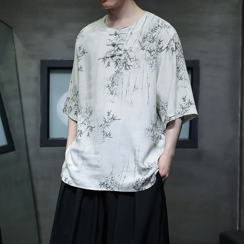 Buddha Stones Camisa de manga corta para hombre de algodón y lino con estampado de bambú y botones de rana, estilo verano Tang. - image 8