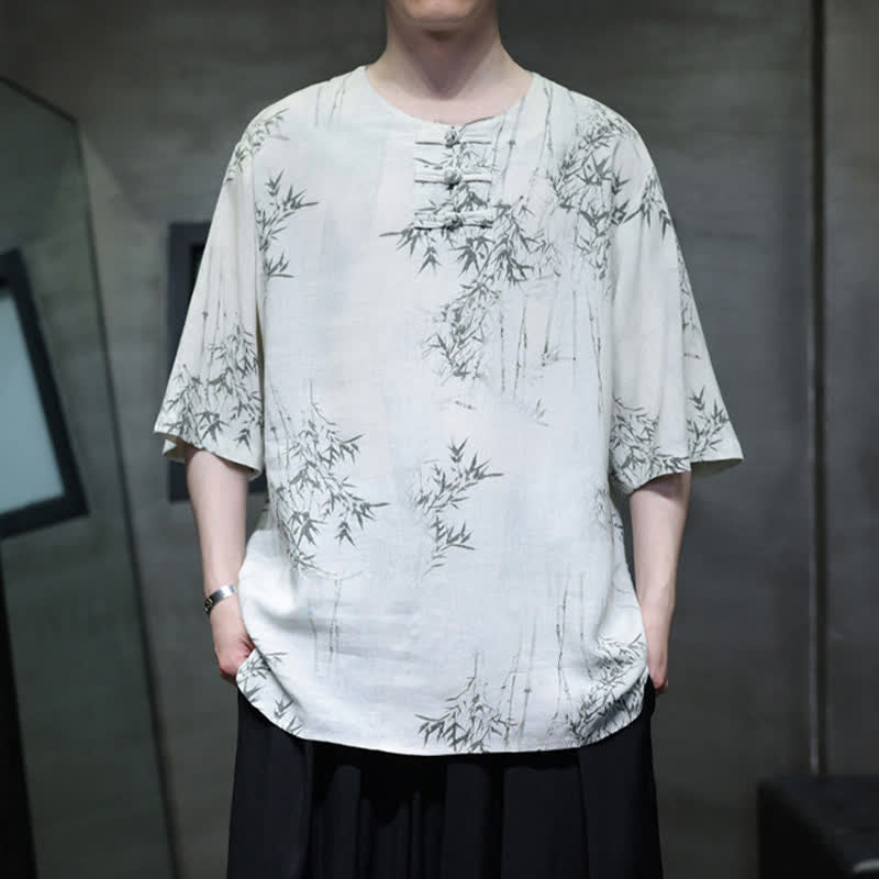 Buddha Stones Camisa de manga corta para hombre de algodón y lino con estampado de bambú y botones de rana, estilo verano Tang. - image 1
