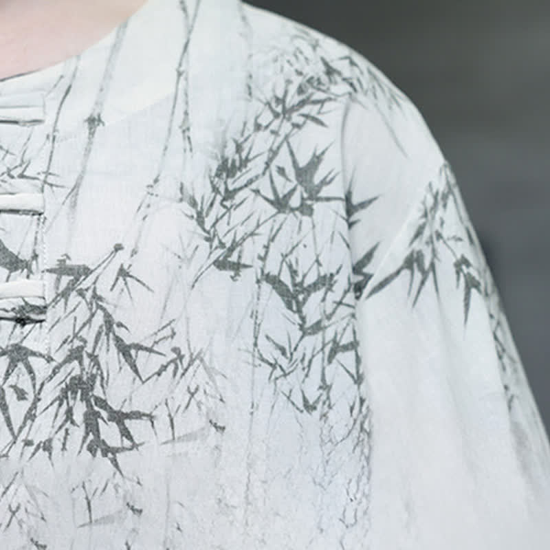 Buddha Stones Camisa de manga corta para hombre de algodón y lino con estampado de bambú y botones de rana, estilo verano Tang. - image 9