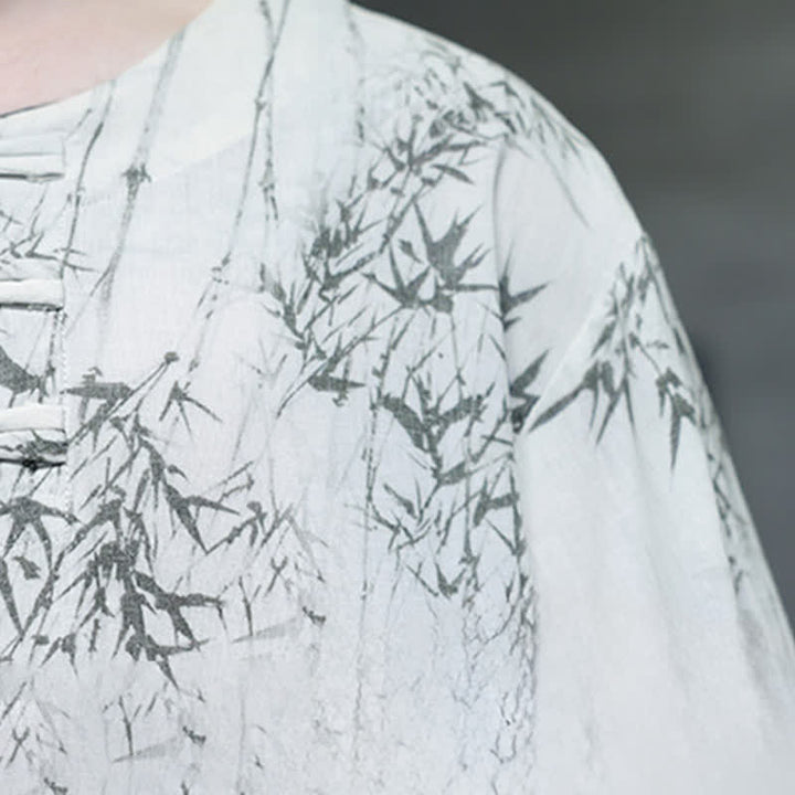 Buddha Stones Camisa de manga corta para hombre de algodón y lino con estampado de bambú y botones de rana, estilo verano Tang. - image 9
