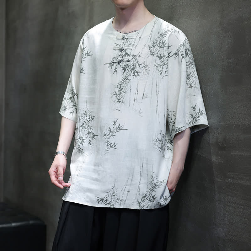 Buddha Stones Camisa de manga corta para hombre de algodón y lino con estampado de bambú y botones de rana, estilo verano Tang. - image 5