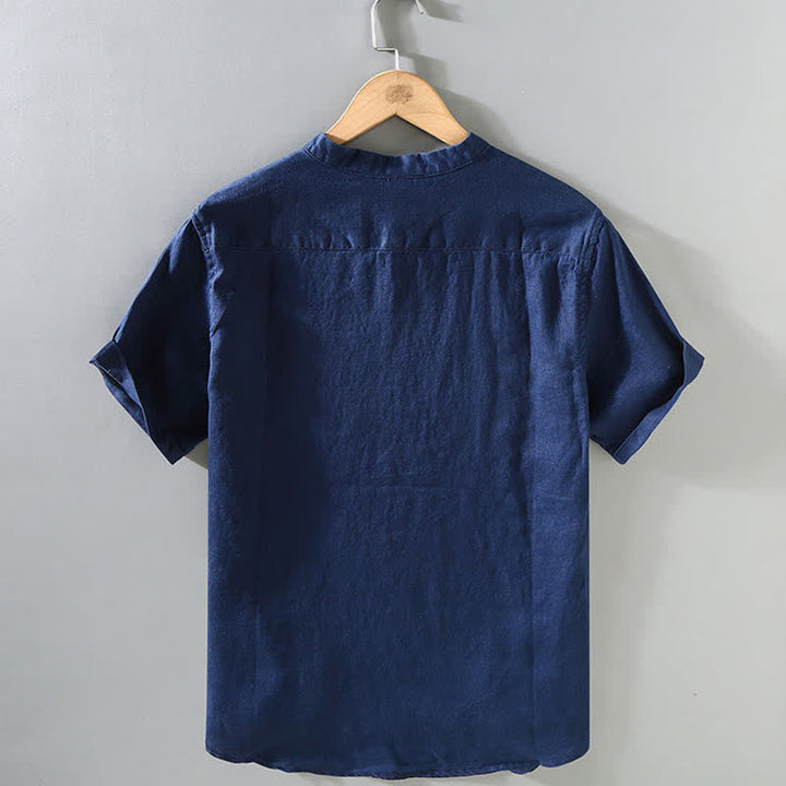 Buddha Stones Camisa de manga corta para hombre, color lino liso, estilo casual de verano, con cuello mandarín y botones de rana. - image 2