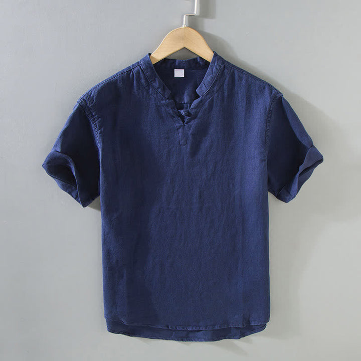 Buddha Stones Camisa de manga corta para hombre, color lino liso, estilo casual de verano, con cuello mandarín y botones de rana. - Azul medianoche - US/UK/AU42, EU52 (3XL) - image 1