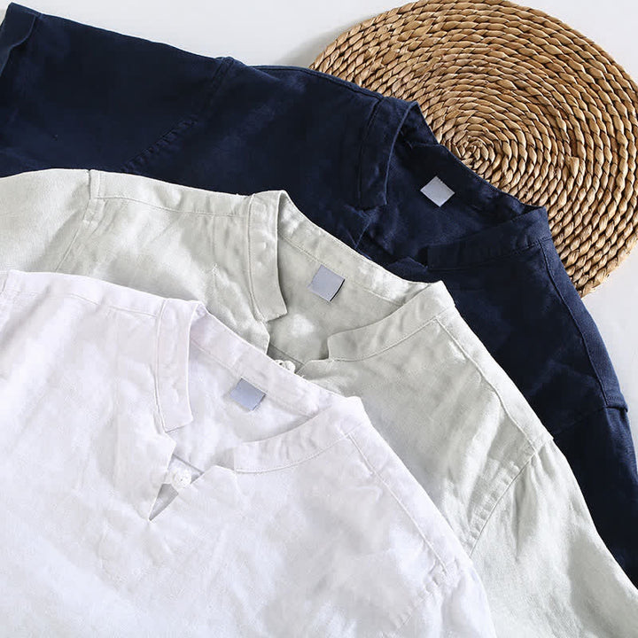 Buddha Stones Camisa de manga corta para hombre, color lino liso, estilo casual de verano, con cuello mandarín y botones de rana. - image 13