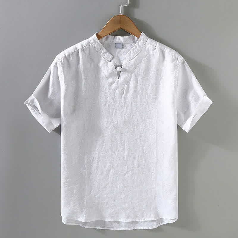 Buddha Stones Camisa de manga corta para hombre, color lino liso, estilo casual de verano, con cuello mandarín y botones de rana. - Blanco - US/UK/AU42, EU52 (3XL) - image 10