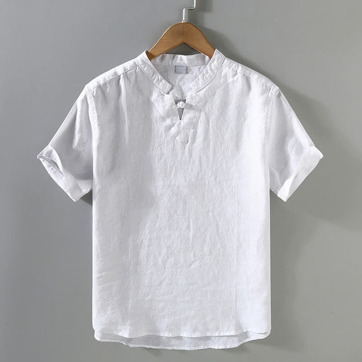 Buddha Stones Camisa de manga corta para hombre, color lino liso, estilo casual de verano, con cuello mandarín y botones de rana. - Blanco - US/UK/AU42, EU52 (3XL) - image 10