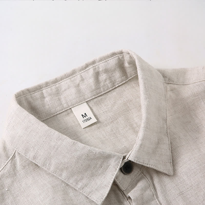 Buddha Stones Camisa de manga corta para hombre, minimalista, con botones y abertura lateral, de lino liso, estilo verano. - image 1