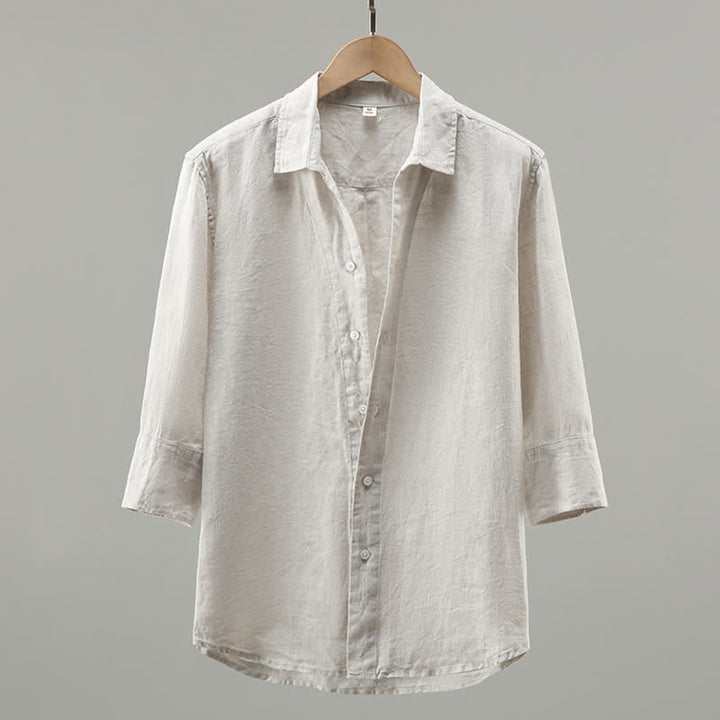 Buddha Stones Camisa minimalista de lino liso de manga tres cuartos para hombre, con botones, ideal para primavera. - Lino - US/UK/AU42, EU52 (3XL) - image 0