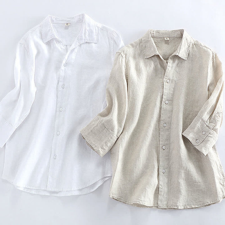 Buddha Stones Camisa minimalista de lino liso de manga tres cuartos para hombre, con botones, ideal para primavera. - image 9