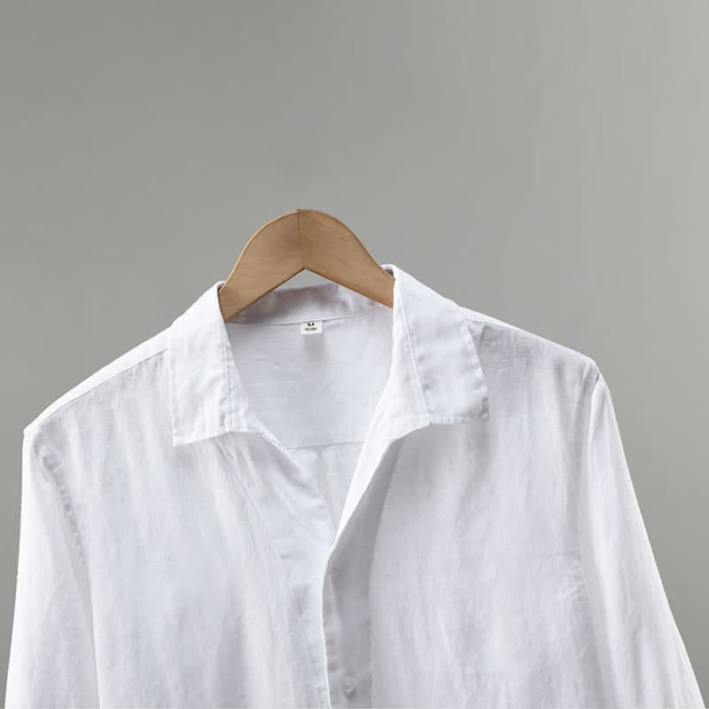 Buddha Stones Camisa minimalista de lino liso de manga tres cuartos para hombre, con botones, ideal para primavera. - image 3