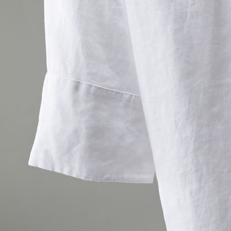Buddha Stones Camisa minimalista de lino liso de manga tres cuartos para hombre, con botones, ideal para primavera. - image 7