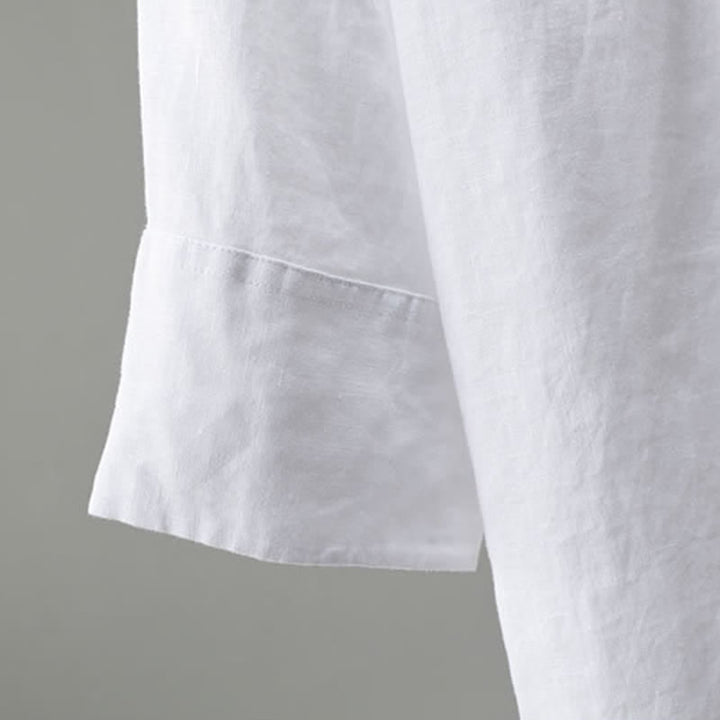 Buddha Stones Camisa minimalista de lino liso de manga tres cuartos para hombre, con botones, ideal para primavera. - image 7