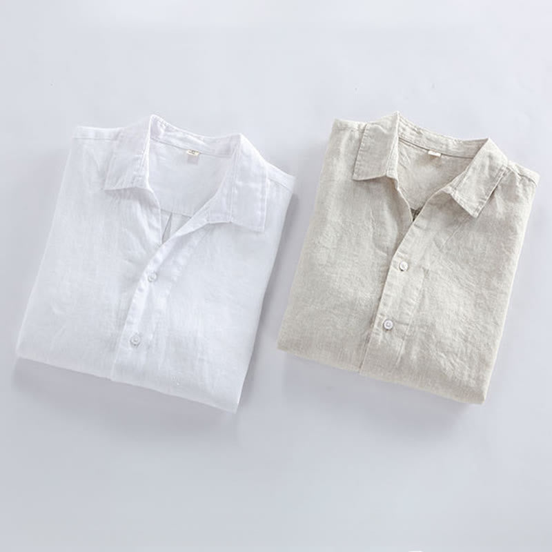 Buddha Stones Camisa minimalista de lino liso de manga tres cuartos para hombre, con botones, ideal para primavera. - image 11