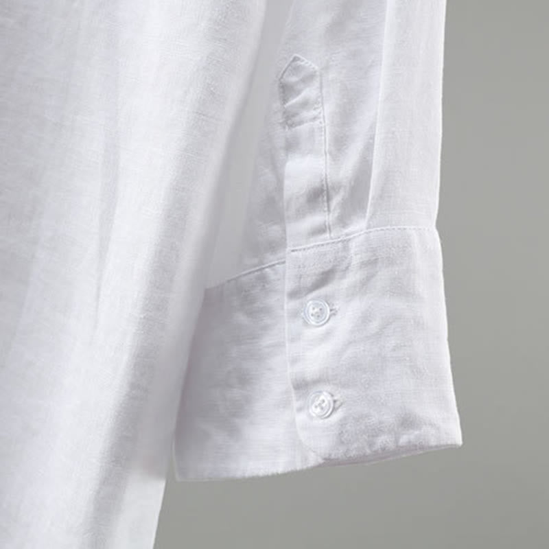 Buddha Stones Camisa minimalista de lino liso de manga tres cuartos para hombre, con botones, ideal para primavera. - image 8