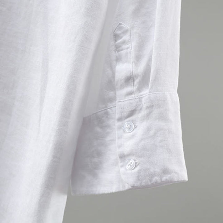 Buddha Stones Camisa minimalista de lino liso de manga tres cuartos para hombre, con botones, ideal para primavera. - image 8