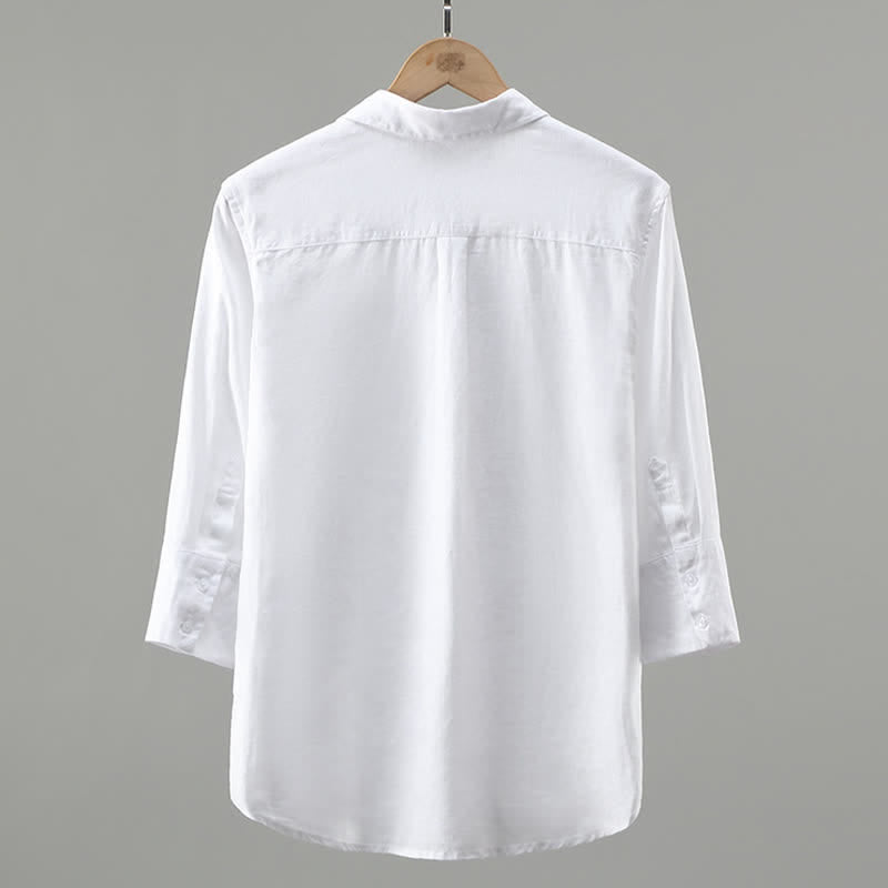 Buddha Stones Camisa minimalista de lino liso de manga tres cuartos para hombre, con botones, ideal para primavera. - image 2