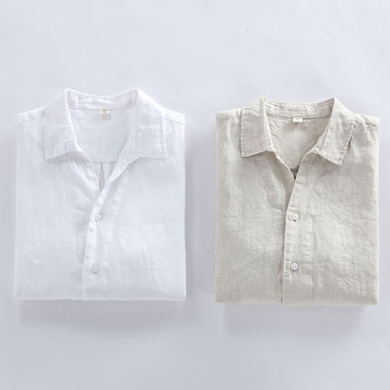 Buddha Stones Camisa minimalista de lino liso de manga tres cuartos para hombre, con botones, ideal para primavera. - image 10