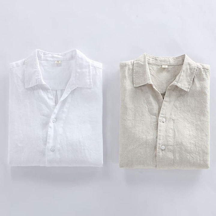 Buddha Stones Camisa minimalista de lino liso de manga tres cuartos para hombre, con botones, ideal para primavera. - image 10