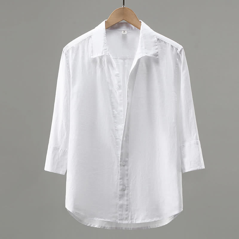 Buddha Stones Camisa minimalista de lino liso de manga tres cuartos para hombre, con botones, ideal para primavera. - Blanco - US/UK/AU42, EU52 (3XL) - image 1
