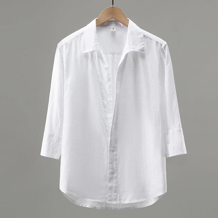 Buddha Stones Camisa minimalista de lino liso de manga tres cuartos para hombre, con botones, ideal para primavera. - Blanco - US/UK/AU42, EU52 (3XL) - image 1