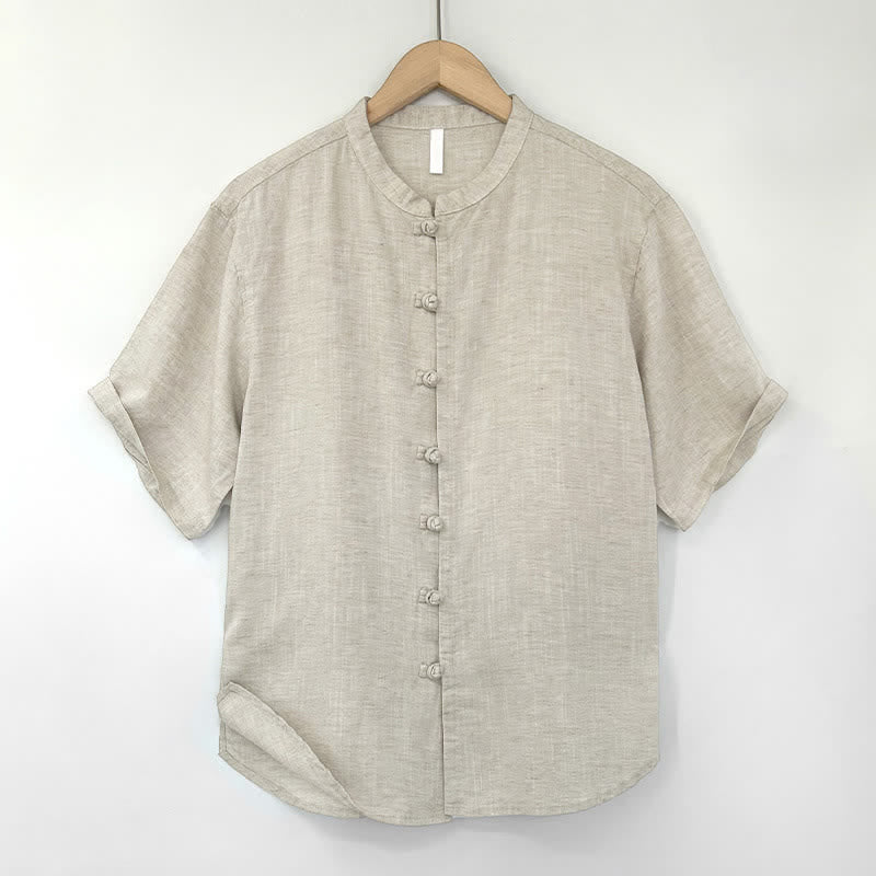 Buddha Stones Camisa de manga corta para hombre, estilo minimalista de verano, con cuello mandarín y botones de rana. - Beige - US/UK/AU44, EU54 (4XL) - image 0