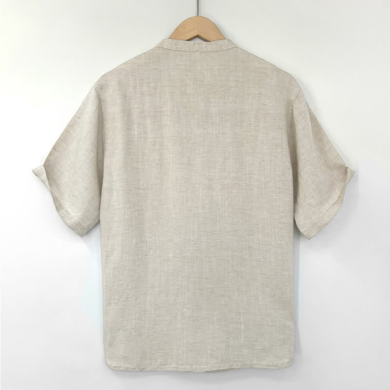 Buddha Stones Camisa de manga corta para hombre, estilo minimalista de verano, con cuello mandarín y botones de rana. - image 1