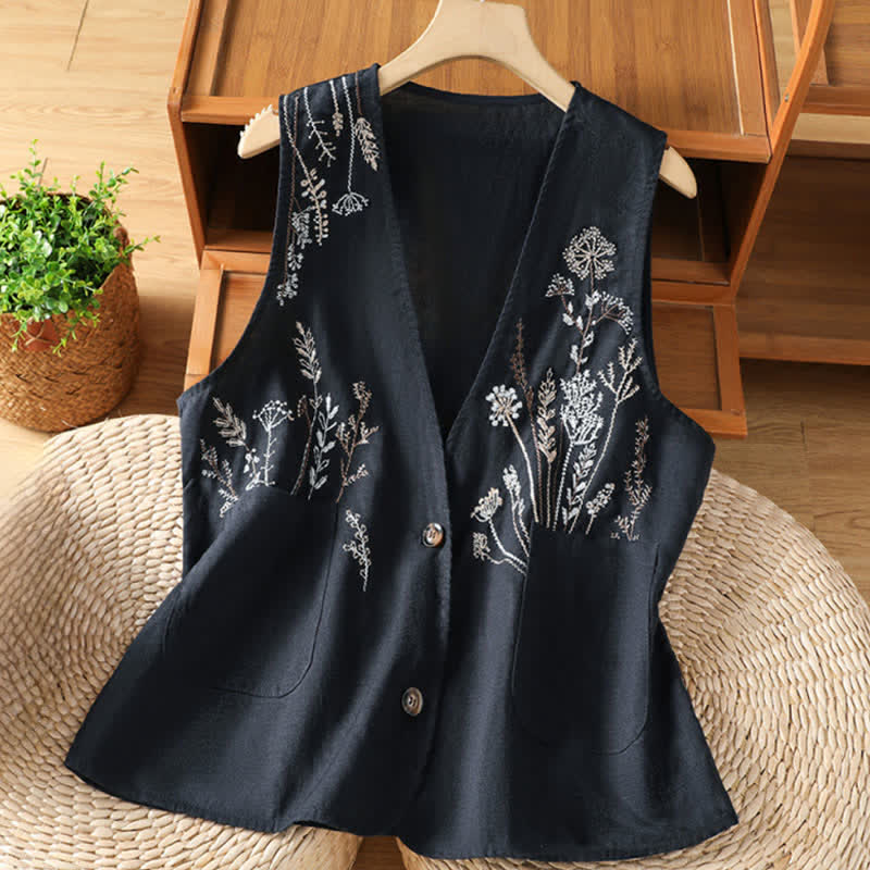 Buddha Stones Camisas sin mangas de verano para mujer con bordado floral y bolsillos. - Marina de guerra - US8-10，UK/AU12-14，EU40-42 (2XL) - image 8