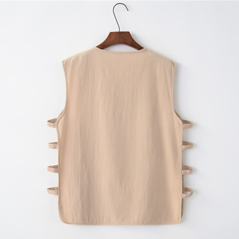 Buddha Stones Camiseta sin mangas para hombre estilo Tang de verano con botones de rana, abertura lateral y diseño calado, con bolsillos. - image 4