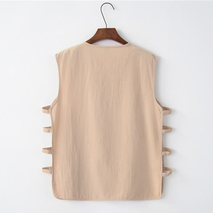 Buddha Stones Camiseta sin mangas para hombre estilo Tang de verano con botones de rana, abertura lateral y diseño calado, con bolsillos. - image 4