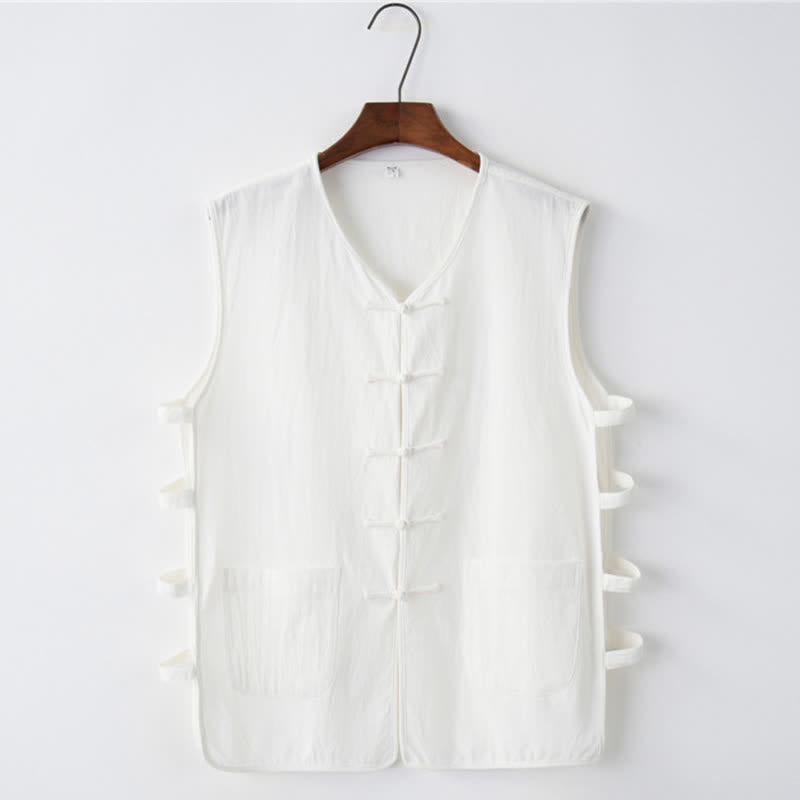 Buddha Stones Camiseta sin mangas para hombre estilo Tang de verano con botones de rana, abertura lateral y diseño calado, con bolsillos. - Blanco - US/UK/AU46, EU56 (5XL) - image 7